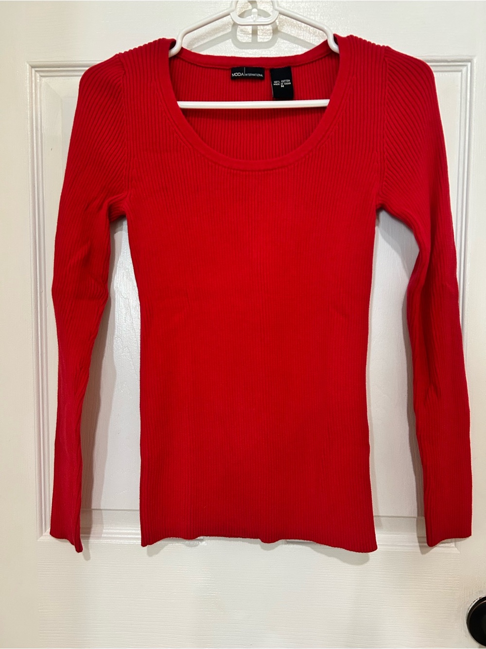 Moda International Red Ribbed Scoop-Neck Long Sleeve Tee